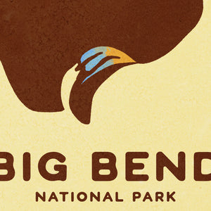 Detail of Modern, minimalist giclée art print for Big Bend National Park in Texas. This simple and classy poster depicts a Balanced Rock in Big Bend with a Mountain Lion perched on top. It has the words “Big Bend National Park, Texas” at the bottom. The print’s muted overall background color allows the bold and vibrant colors of the main image to pop. 
