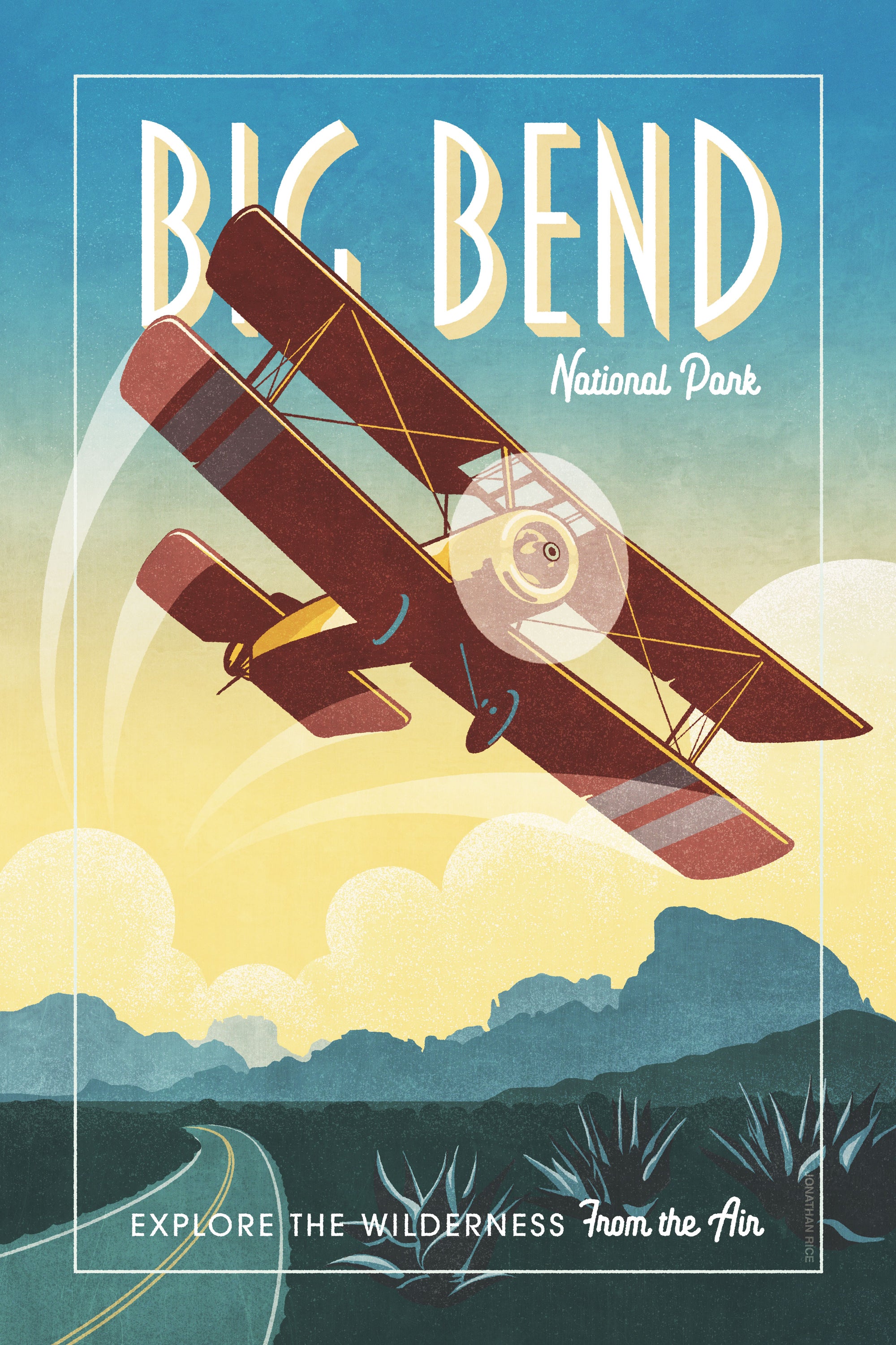 Retro style giclée art print of Sopwith Pup Biplane flying over Big Bend National Park in Texas. It has the words “Big Bend National Park” at the top. The print dusty blues, teals combined with bright sunset colors. There are additional words a the bottom that says “Explore the Wilderness from the Air”.