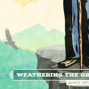 Detail of Vintage-style advertisement poster for Blue Jeans. The epic landscape in the background makes the dapper hiker look world-class. The earthy colors and elegant type treatment make it eye-catching and stylish. The headline says, “The Riveting Story of Blue Jeans.”