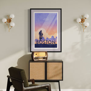 Boston Benjamin Franklin Statue Travel Poster. In Boston you can walk in the footsteps of heroes like Franklin himself. Bright and bold colors combined with a striking design create a stunning poster, which is sure to make a great addition to any room, with a headline that says “Visit Boston”.  At the top, the type says “Walk In The Footsteps of Heroes.” At the bottom, the type says “Benjamin Franklin Statue — Old City Hall — The Freedom Trail.”