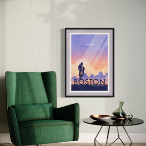 Boston Benjamin Franklin Statue Travel Poster. In Boston you can walk in the footsteps of heroes like Franklin himself. Bright and bold colors combined with a striking design create a stunning poster, which is sure to make a great addition to any room, with a headline that says “Visit Boston”.  At the top, the type says “Walk In The Footsteps of Heroes.” At the bottom, the type says “Benjamin Franklin Statue — Old City Hall — The Freedom Trail.”