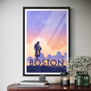 Boston Benjamin Franklin Statue Travel Poster. In Boston you can walk in the footsteps of heroes like Franklin himself. Bright and bold colors combined with a striking design create a stunning poster, which is sure to make a great addition to any room, with a headline that says “Visit Boston”.  At the top, the type says “Walk In The Footsteps of Heroes.” At the bottom, the type says “Benjamin Franklin Statue — Old City Hall — The Freedom Trail.”