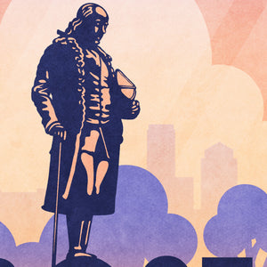 Boston Benjamin Franklin Statue Travel Poster. In Boston you can walk in the footsteps of heroes like Franklin himself. Bright and bold colors combined with a striking design create a stunning poster, which is sure to make a great addition to any room, with a headline that says “Visit Boston”.  At the top, the type says “Walk In The Footsteps of Heroes.” At the bottom, the type says “Benjamin Franklin Statue — Old City Hall — The Freedom Trail.”