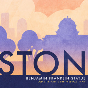 Boston Benjamin Franklin Statue Travel Poster. In Boston you can walk in the footsteps of heroes like Franklin himself. Bright and bold colors combined with a striking design create a stunning poster, which is sure to make a great addition to any room, with a headline that says “Visit Boston”.  At the top, the type says “Walk In The Footsteps of Heroes.” At the bottom, the type says “Benjamin Franklin Statue — Old City Hall — The Freedom Trail.”