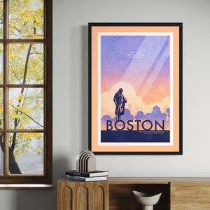 Boston Benjamin Franklin Statue Travel Poster. In Boston you can walk in the footsteps of heroes like Franklin himself. Bright and bold colors combined with a striking design create a stunning poster, which is sure to make a great addition to any room, with a headline that says “Visit Boston”.  At the top, the type says “Walk In The Footsteps of Heroes.” At the bottom, the type says “Benjamin Franklin Statue — Old City Hall — The Freedom Trail.”