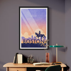 Boston George Washington Statue Travel Poster. In Boston you can walk in the footsteps of heroes like Washington himself. Bright and bold colors combined with a striking design create a stunning poster, which is sure to make a great addition to any room, with a headline that says “Visit Boston”.  At the top, the type says “Walk In The Footsteps of Heroes.” At the bottom, the type says “George Washington Statue — Boston’s Public Garden.”