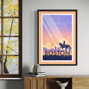 Boston George Washington Statue Travel Poster. In Boston you can walk in the footsteps of heroes like Washington himself. Bright and bold colors combined with a striking design create a stunning poster, which is sure to make a great addition to any room, with a headline that says “Visit Boston”.  At the top, the type says “Walk In The Footsteps of Heroes.” At the bottom, the type says “George Washington Statue — Boston’s Public Garden.”