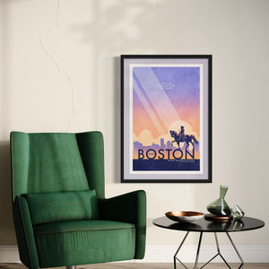 Boston George Washington Statue Travel Poster. In Boston you can walk in the footsteps of heroes like Washington himself. Bright and bold colors combined with a striking design create a stunning poster, which is sure to make a great addition to any room, with a headline that says “Visit Boston”.  At the top, the type says “Walk In The Footsteps of Heroes.” At the bottom, the type says “George Washington Statue — Boston’s Public Garden.”