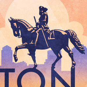 Boston George Washington Statue Travel Poster. In Boston you can walk in the footsteps of heroes like Washington himself. Bright and bold colors combined with a striking design create a stunning poster, which is sure to make a great addition to any room, with a headline that says “Visit Boston”.  At the top, the type says “Walk In The Footsteps of Heroes.” At the bottom, the type says “George Washington Statue — Boston’s Public Garden.”