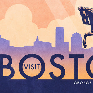 Boston George Washington Statue Travel Poster. In Boston you can walk in the footsteps of heroes like Washington himself. Bright and bold colors combined with a striking design create a stunning poster, which is sure to make a great addition to any room, with a headline that says “Visit Boston”.  At the top, the type says “Walk In The Footsteps of Heroes.” At the bottom, the type says “George Washington Statue — Boston’s Public Garden.”