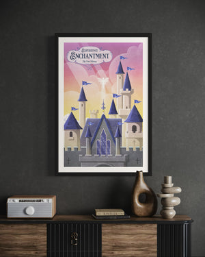  Enchanted castle wall art print in black frame, retro fantasy poster displayed above a wood credenza with books and decor.