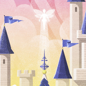 Close-up detail of enchanted castle poster print showing glowing white fairy hovering above castle rooftops.
