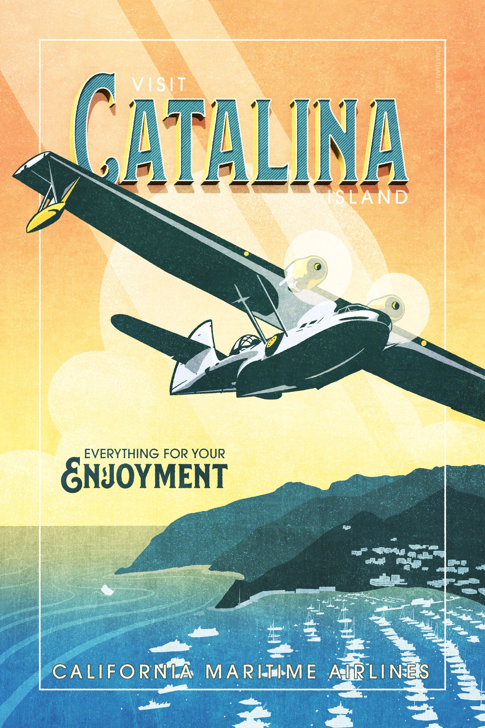 Retro style giclée art print of a PBY Catalina Flying Boat Aircraft flying over Catalina Island, California. It has the words “Visit Catalina Island” at the top. The print’s cool blues and greens combined with the warm sunset sky creates a stunning backdrop for the classic flying boat with bright cool color and yellow highlights. There are additional words a the bottom that says “Everything for your Enjoyment. California Maritime Airlines.”