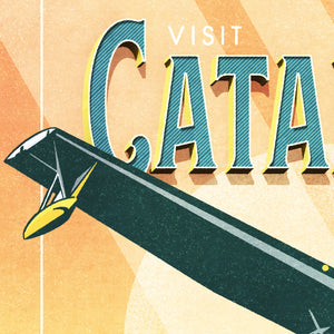 Detail of Retro style giclée art print of a PBY Catalina Flying Boat Aircraft flying over Catalina Island, California. It has the words “Visit Catalina Island” at the top. The print’s cool blues and greens combined with the warm sunset sky creates a stunning backdrop for the classic flying boat with bright cool color and yellow highlights. There are additional words a the bottom that says “Everything for your Enjoyment. California Maritime Airlines.”