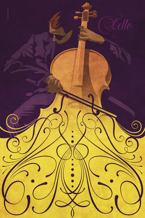 Bold graphic giclée art print of a Cello player with swirls and flourishes. Bold graphic lines and bright colorful shapes create an energetic poster for classical music lovers. 