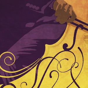Detail of Bold graphic giclée art print of a Cello player with swirls and flourishes. Bold graphic lines and bright colorful shapes create an energetic poster for classical music lovers. 