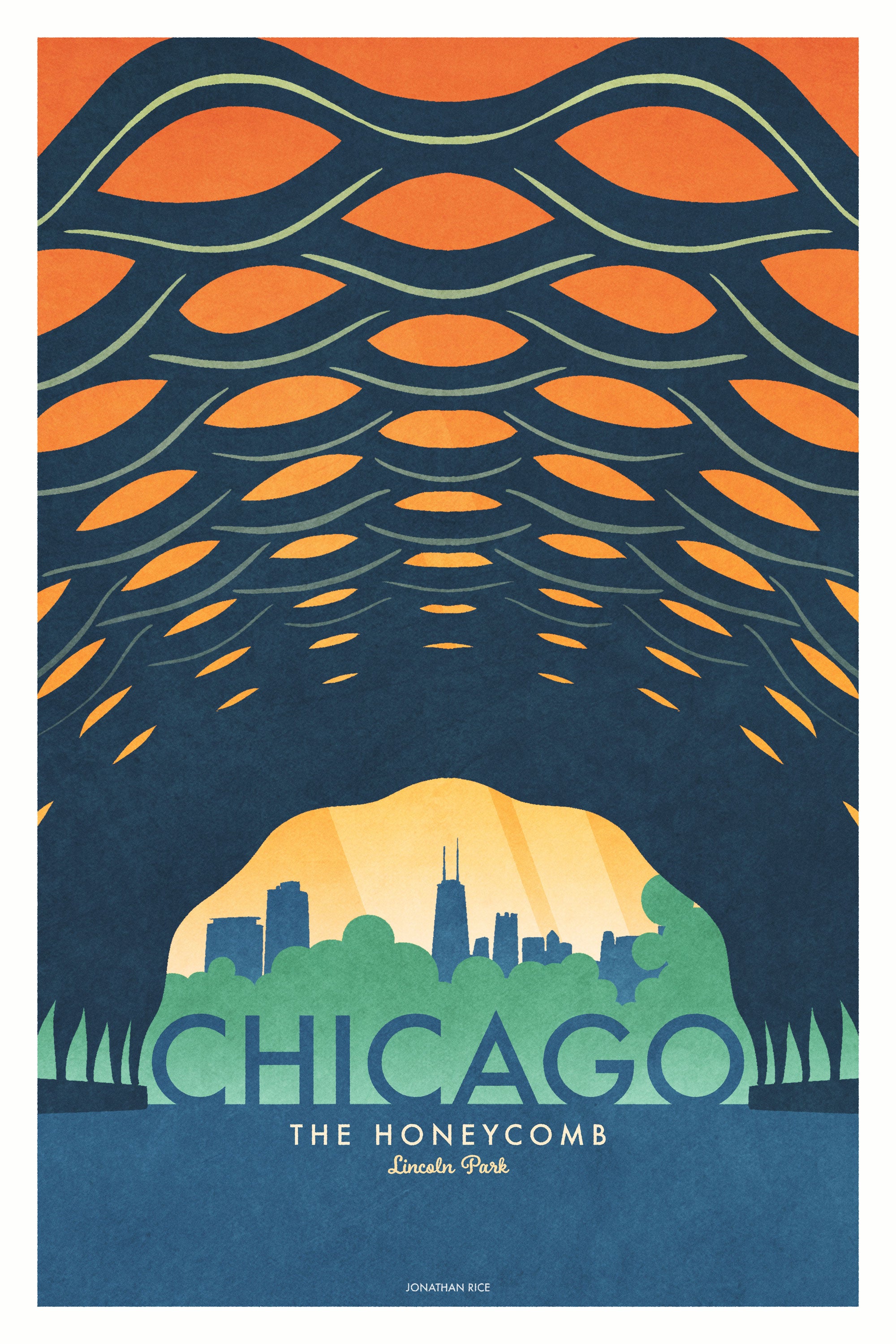 This Chicago travel poster, featuring the Honeycomb (The Education Pavilion)in Lincoln Park, just oozes with an American modern vibe. Bright and bold colors combined with a striking design create a stunning poster, which is sure to make a great addition to any room, with a headline that says “Chicago”.  At the bottom the type says “The Honeycomb – Lincoln Park.”