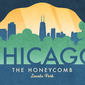 This Chicago travel poster, featuring the Honeycomb (The Education Pavilion)in Lincoln Park, just oozes with an American modern vibe. Bright and bold colors combined with a striking design create a stunning poster, which is sure to make a great addition to any room, with a headline that says “Chicago”.  At the bottom the type says “The Honeycomb – Lincoln Park.”