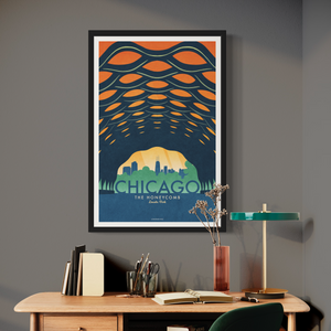 This Chicago travel poster, featuring the Honeycomb (The Education Pavilion)in Lincoln Park, just oozes with an American modern vibe. Bright and bold colors combined with a striking design create a stunning poster, which is sure to make a great addition to any room, with a headline that says “Chicago”.  At the bottom the type says “The Honeycomb – Lincoln Park.”