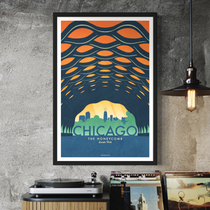 This Chicago travel poster, featuring the Honeycomb (The Education Pavilion)in Lincoln Park, just oozes with an American modern vibe. Bright and bold colors combined with a striking design create a stunning poster, which is sure to make a great addition to any room, with a headline that says “Chicago”.  At the bottom the type says “The Honeycomb – Lincoln Park.”