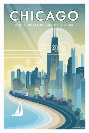 Chicago, Where the Skyline Meets the Shore travel poster. This windy city poster uses bright and rich colors combined with just a hint of humor, to create a stunning image which is sure to make a great addition to any room, with a headline that says “Chicago”.  And subhead that says “Where The Skyline Meets the Shore.”
