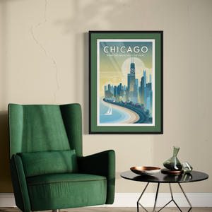 Chicago, Where the Skyline Meets the Shore travel poster. This windy city poster uses bright and rich colors combined with just a hint of humor, to create a stunning image which is sure to make a great addition to any room, with a headline that says “Chicago”.  And subhead that says “Where The Skyline Meets the Shore.”
