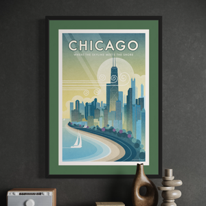 Chicago, Where the Skyline Meets the Shore travel poster. This windy city poster uses bright and rich colors combined with just a hint of humor, to create a stunning image which is sure to make a great addition to any room, with a headline that says “Chicago”.  And subhead that says “Where The Skyline Meets the Shore.”
