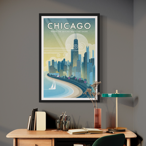 Chicago, Where the Skyline Meets the Shore travel poster. This windy city poster uses bright and rich colors combined with just a hint of humor, to create a stunning image which is sure to make a great addition to any room, with a headline that says “Chicago”.  And subhead that says “Where The Skyline Meets the Shore.”
