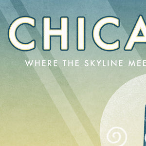 Chicago, Where the Skyline Meets the Shore travel poster. This windy city poster uses bright and rich colors combined with just a hint of humor, to create a stunning image which is sure to make a great addition to any room, with a headline that says “Chicago”.  And subhead that says “Where The Skyline Meets the Shore.”
