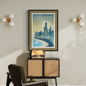 Chicago, Where the Skyline Meets the Shore travel poster. This windy city poster uses bright and rich colors combined with just a hint of humor, to create a stunning image which is sure to make a great addition to any room, with a headline that says “Chicago”.  And subhead that says “Where The Skyline Meets the Shore.”
