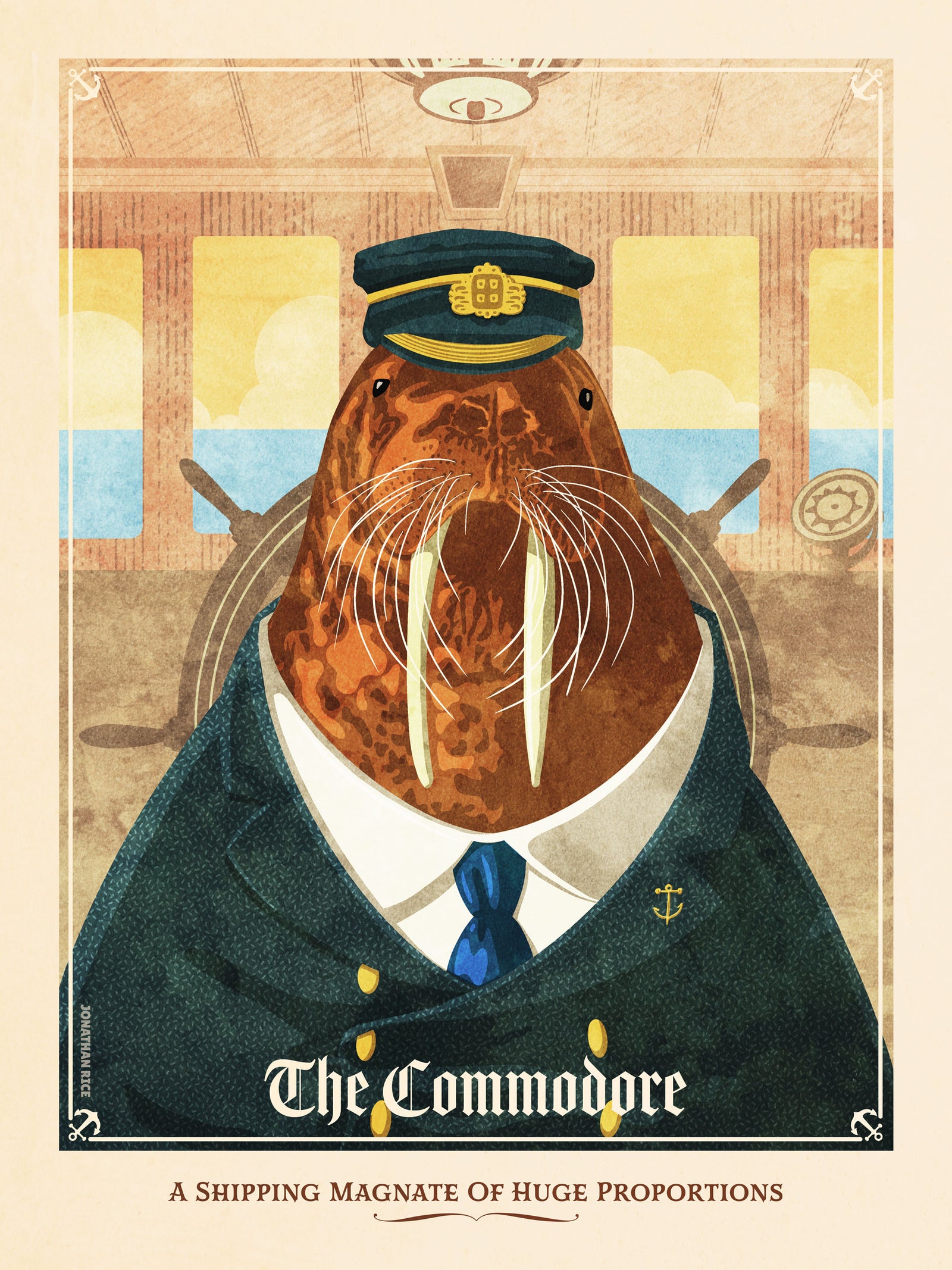 Like the portraits of the tycoons and captains of industry of the Gilded age, this print portrays the Walrus as the Commodore of the Seas. The dusty colors, textures, and ornate typography, with a headline that says “The Commodore.  At the bottom the type says “A shipping magnate of huge proportions.”
