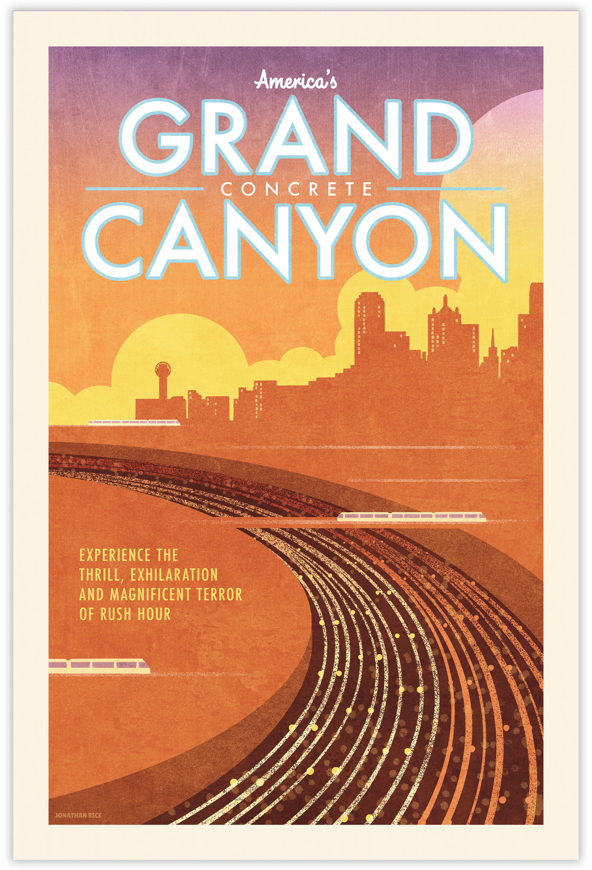 Retro style giclée art print of the Grand Concrete Canyon of America, featuring a modern city skyline, and modern freeway in the foreground. It is brightly colored, yet has gritty texture overall. It has a mid-century modern style and feel.