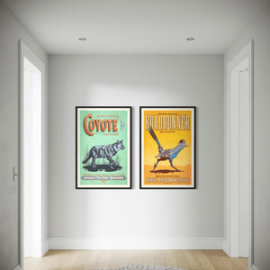 Coyote and roadrunner wall art set hanging in a minimalist hallway
