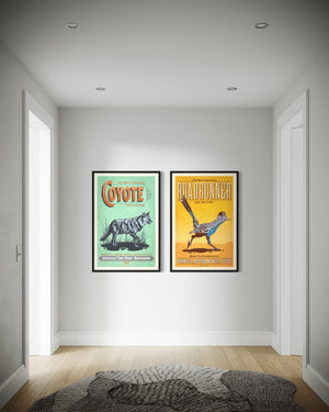 Coyote and roadrunner wall art set hanging in a minimalist hallway