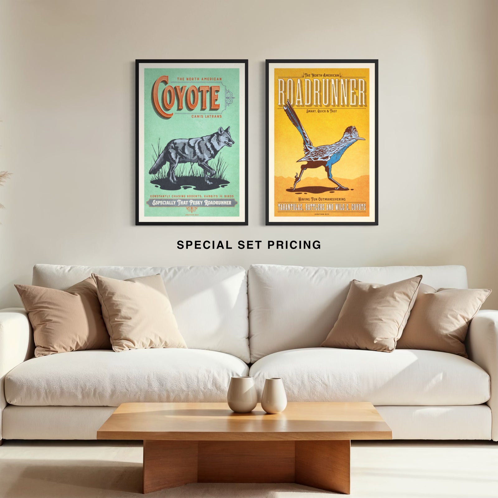 Coyote and roadrunner wall art set displayed above a sofa in a living room