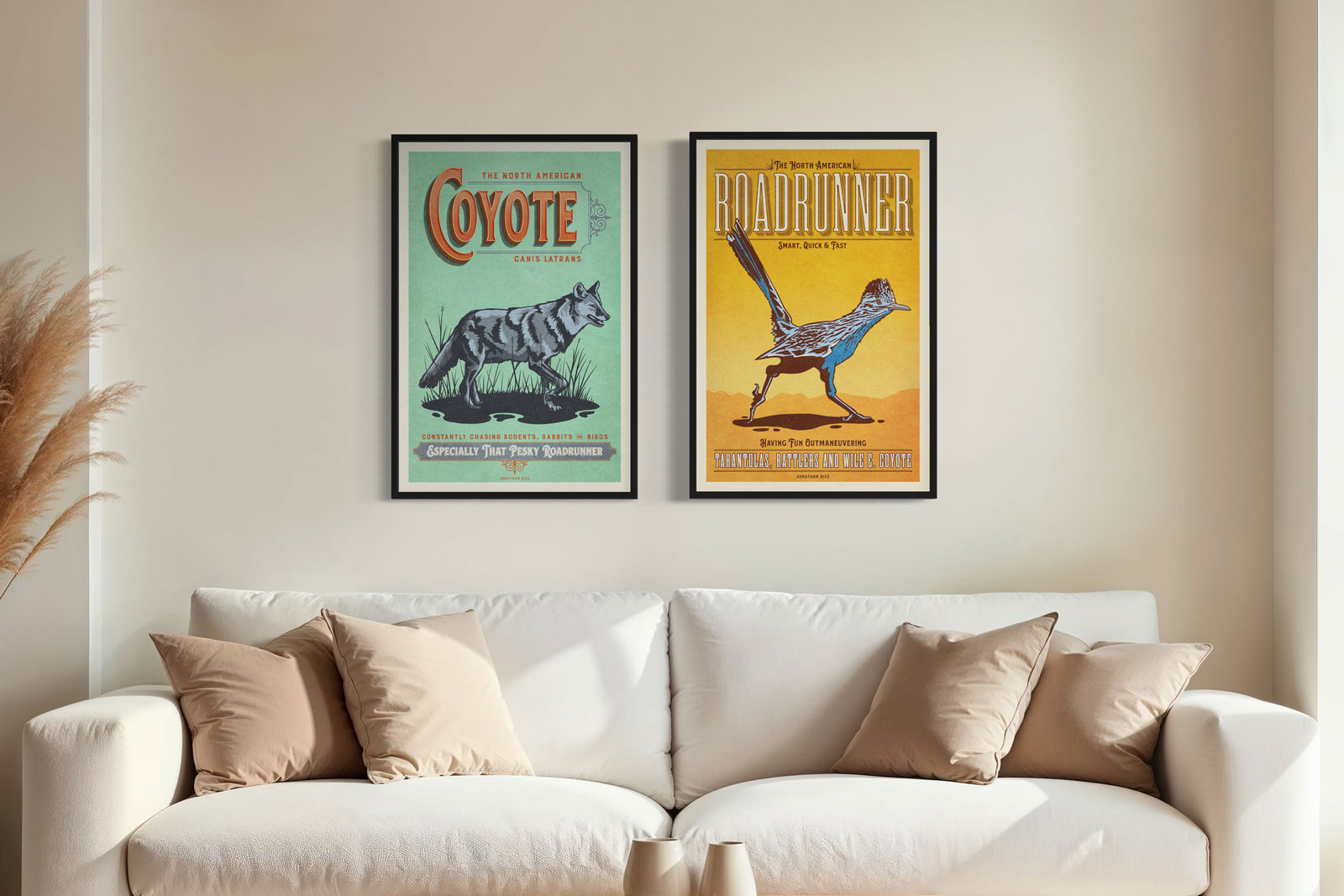 Coyote and roadrunner wall art set displayed above a sofa in a living room