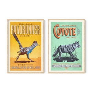 Coyote and roadrunner wall art set in natural oak frames, vintage animal posters