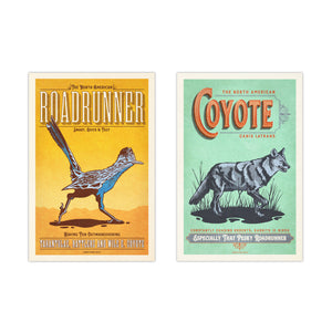Coyote and roadrunner wall art set featuring vintage-style North American wildlife posters