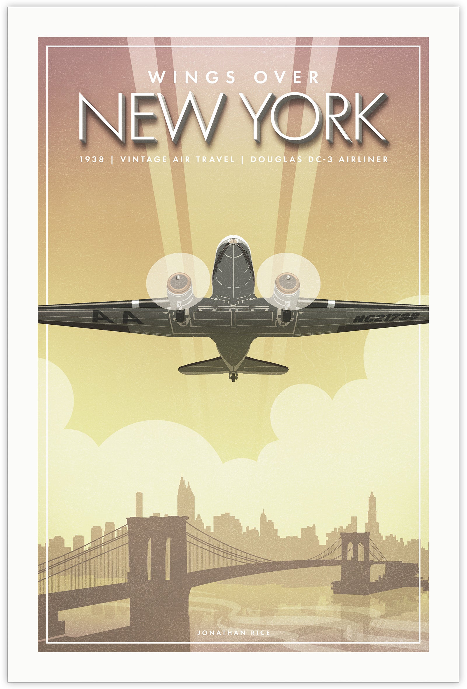 Wings Over New York vintage aviation poster featuring a Douglas DC-3 flying over the New York skyline in retro travel style