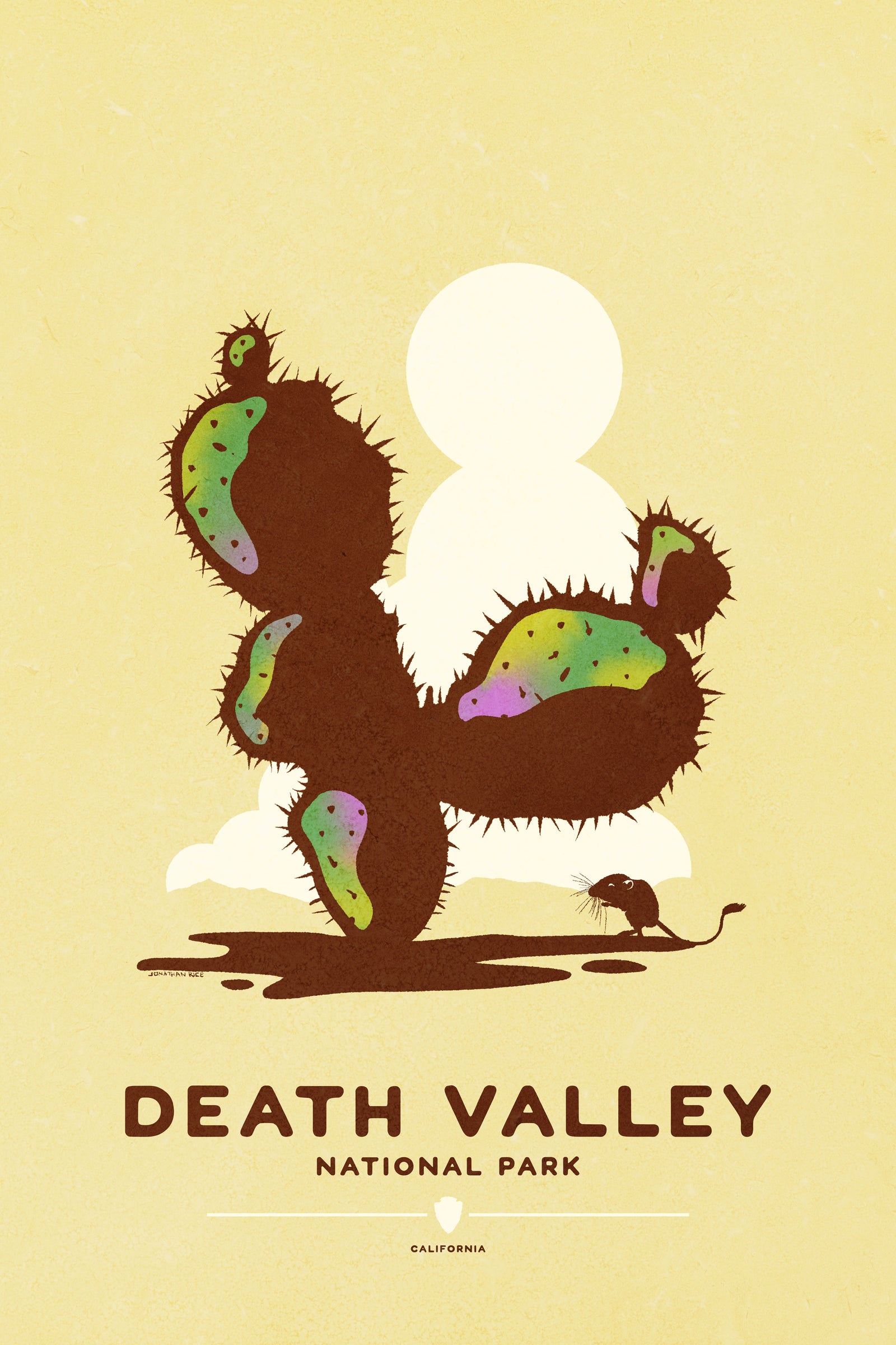 Modern, minimalist giclée art print for Death Valley National Park in California. This simple and classy poster depicts a cactus in Death Valley with a Kangaroo Rat resting in its’ shade. It has the words “Death Valley National Park, California” at the bottom. The print’s muted overall background color allows the bold and vibrant colors of the main image to pop. 
