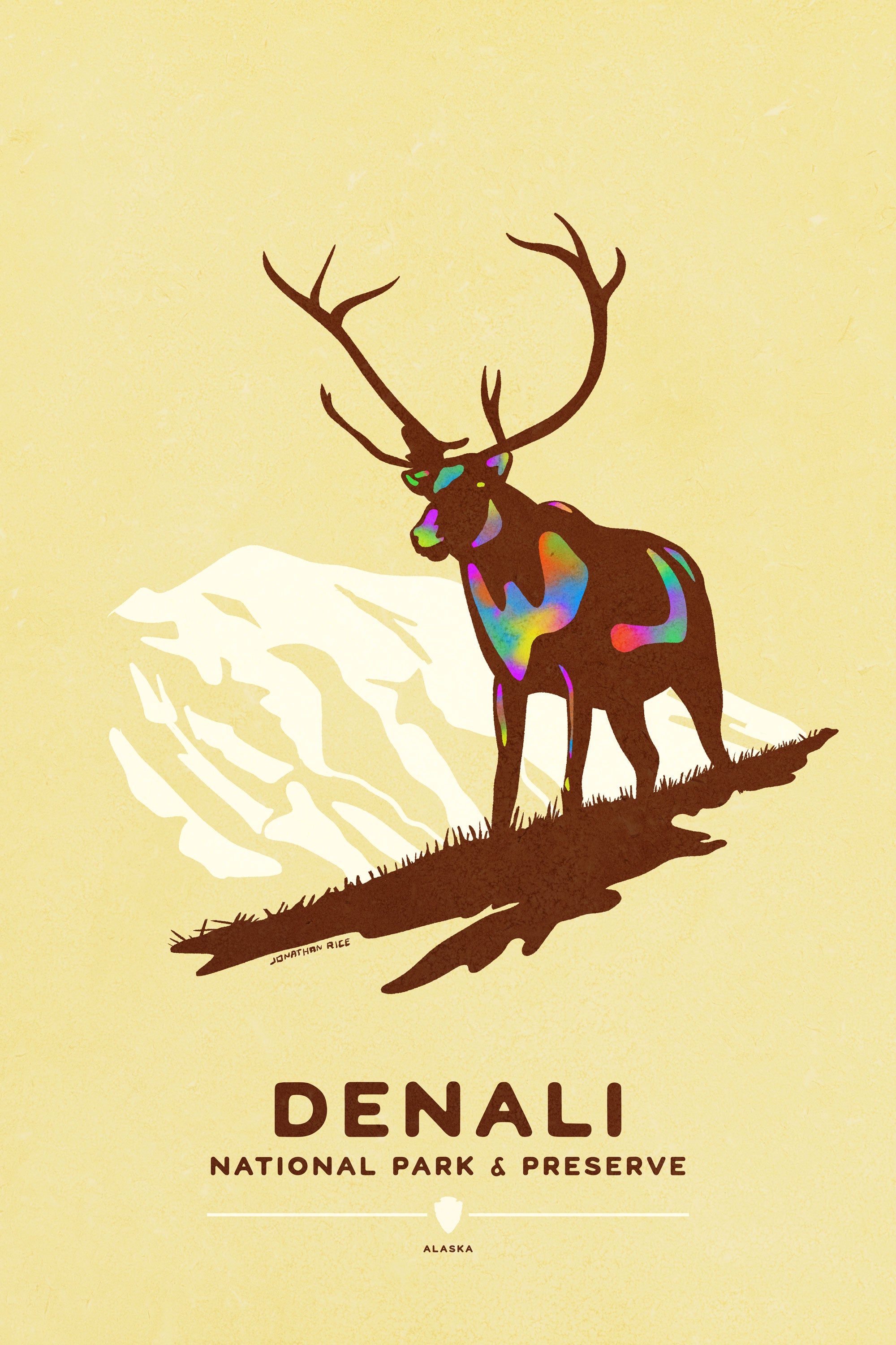 Modern, minimalist giclée art print of Denali National Park & Preserve in Alaska. This simple and classy poster depicts a Caribou standing on a hill top with the mountains in the background.  It has the words “Denali National Park & Preserve, Alaska”  at the bottom. The print’s muted overall background color allows the bold and vibrant colors of the main image to pop. 