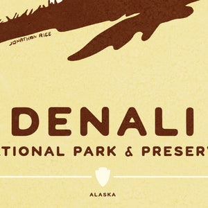 Modern, minimalist giclée art print of Denali National Park & Preserve in Alaska. This simple and classy poster depicts a Caribou standing on a hill top with the mountains in the background.  It has the words “Denali National Park & Preserve, Alaska”  at the bottom. The print’s muted overall background color allows the bold and vibrant colors of the main image to pop. 