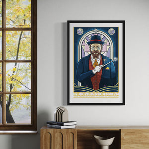 This giclée art print features a 1930s private detective in a three-piece suit, holding a magic wand against an Art Deco-style stained glass window. With magical, storybook colors, rich textures, and ornate typography, it includes the headings “The Divining Detective” and “Using unearthly power to solve the unsolvable.”