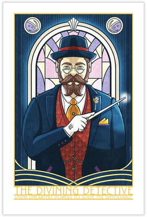 This giclée art print features a 1930s private detective in a three-piece suit, holding a magic wand against an Art Deco-style stained glass window. With magical, storybook colors, rich textures, and ornate typography, it includes the headings “The Divining Detective” and “Using unearthly power to solve the unsolvable.”