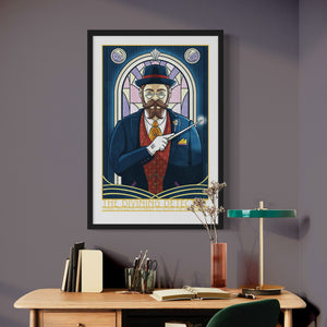 This giclée art print features a 1930s private detective in a three-piece suit, holding a magic wand against an Art Deco-style stained glass window. With magical, storybook colors, rich textures, and ornate typography, it includes the headings “The Divining Detective” and “Using unearthly power to solve the unsolvable.”