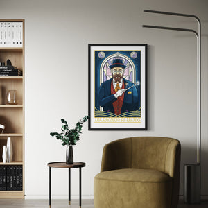 This giclée art print features a 1930s private detective in a three-piece suit, holding a magic wand against an Art Deco-style stained glass window. With magical, storybook colors, rich textures, and ornate typography, it includes the headings “The Divining Detective” and “Using unearthly power to solve the unsolvable.”