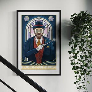 This giclée art print features a 1930s private detective in a three-piece suit, holding a magic wand against an Art Deco-style stained glass window. With magical, storybook colors, rich textures, and ornate typography, it includes the headings “The Divining Detective” and “Using unearthly power to solve the unsolvable.”