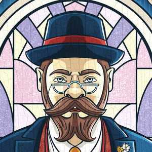 This giclée art print features a 1930s private detective in a three-piece suit, holding a magic wand against an Art Deco-style stained glass window. With magical, storybook colors, rich textures, and ornate typography, it includes the headings “The Divining Detective” and “Using unearthly power to solve the unsolvable.”