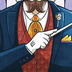 This giclée art print features a 1930s private detective in a three-piece suit, holding a magic wand against an Art Deco-style stained glass window. With magical, storybook colors, rich textures, and ornate typography, it includes the headings “The Divining Detective” and “Using unearthly power to solve the unsolvable.”