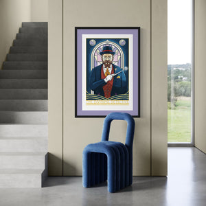 This giclée art print features a 1930s private detective in a three-piece suit, holding a magic wand against an Art Deco-style stained glass window. With magical, storybook colors, rich textures, and ornate typography, it includes the headings “The Divining Detective” and “Using unearthly power to solve the unsolvable.”